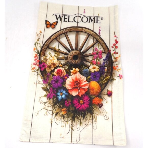 Welcome Garden Flag Wagon Wheel Flowers 12 X 18 New - Picture 2 of 2